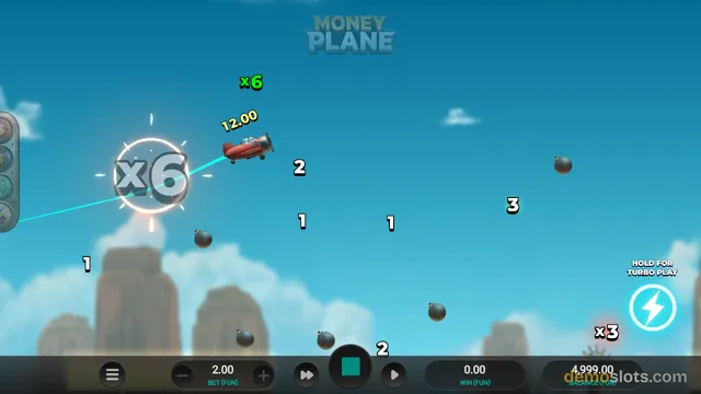 A red airplane flies across a blue sky with floating bombs and multipliers, displaying the game title MONEY PLANE at the top.