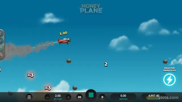 A red propeller airplane flies across a bright blue sky with clouds, leaving a gray smoke trail, while a multiplier value of 3.00 appears above it and bombs with multiplier labels float below.