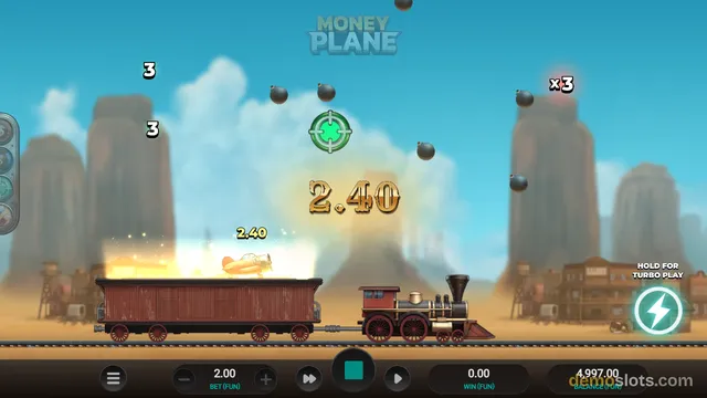 A slot game titled Money Plane shows a cartoon train on a desert track with a small plane flying above it, surrounded by floating bombs and a crosshair target.