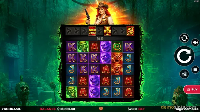 A slot game screen showing a 6x5 grid of zombie-themed symbols in a jungle setting with a female character holding a gun in the background.