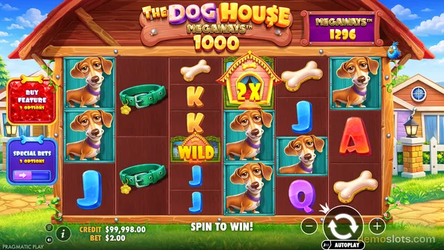 A screenshot of the slot game The Dog House Megaways 1000 showing a settled 5-reel grid with dog symbols, bones, and collars against a wooden doghouse background.