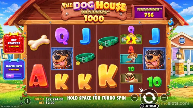 A brightly rendered slot game screen shows a 5-reel grid with dog-themed symbols and a wooden dog house background.