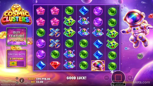 A fully rendered screenshot of the Cosmic Clusters slot game showing a 6x5 grid of space-themed symbols with an astronaut character on the right.