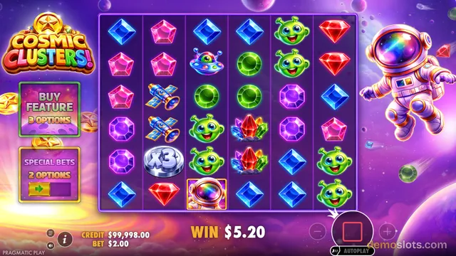 A brightly rendered slot game screen titled Cosmic Clusters showing a 6x5 grid of space-themed symbols with a win of $5.20 displayed.