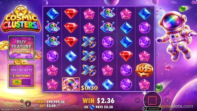 A brightly rendered space-themed slot game screen titled 'Cosmic Clusters!' displays a 6x5 grid of symbols including gems, satellites, and UFOs, with a win of $2.36 shown in the bottom panel.
