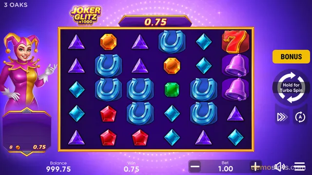 A 6x5 slot grid with a jester character on the left, showing a win of 0.75 and a balance of 999.75.