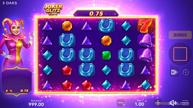 A brightly lit slot game grid titled Joker Glitz x1000 shows a 6-column by 5-row reel area with a jester character on the left, a win display of 0.75, and a balance of 999.00.
