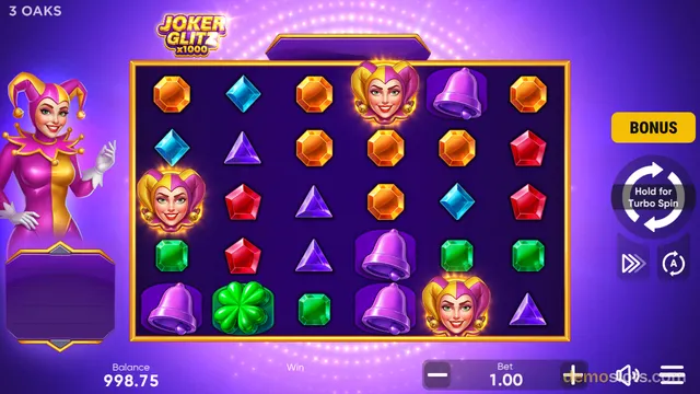 A purple-themed slot game titled Joker Glitz x1000 displays a 6x4 grid of colorful gemstone and joker symbols with a jester character standing to the left.