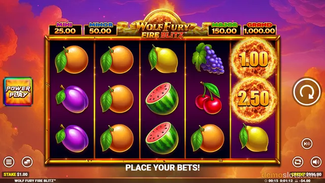 A screenshot of the Wolf Fury Fire Blitz slot machine showing a 5x3 grid of fruit symbols against a fiery sunset background.