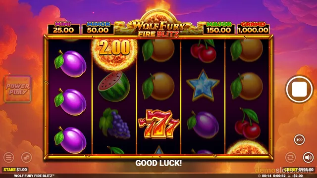 A 5-reel slot machine game named Wolf Fury Fire Blitz displays a settled grid of fruit and flame symbols with a win amount of 2.00 shown on the second reel.