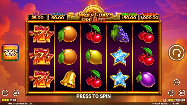 A slot machine screen shows a 5x3 grid of symbols including flaming 7s, oranges, and fruit against a fiery background with the game title at the top.