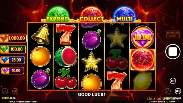 A 5-reel slot machine game featuring a fiery background and a grid of fruit and symbol icons with a 'GOOD LUCK!' message displayed below the reels.