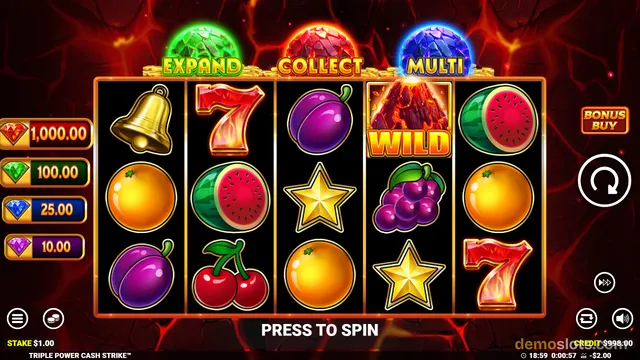 A screenshot of a slot machine game featuring a 5x3 grid of symbols against a fiery red background, with a 'PRESS TO SPIN' button at the bottom.