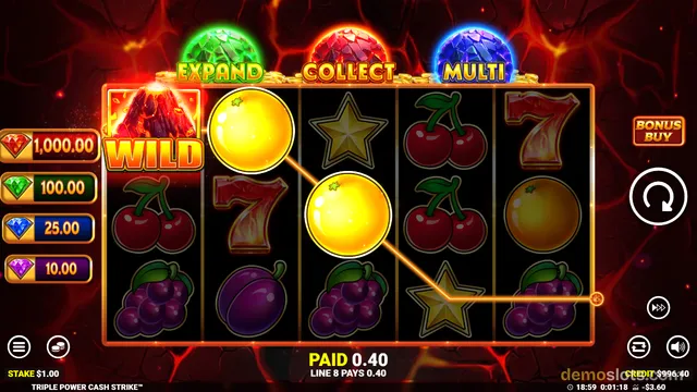 A screenshot of a 5x3 slot machine with a fiery volcano theme, showing a winning combination of oranges, cherries, and stars.