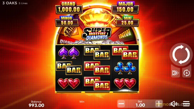 A 3-reel slot game screen showing the 'Super Hotfire Diamonds' logo, a large diamond graphic, and a grid of BAR and card suit symbols against a fiery red background.