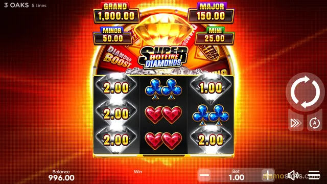 A screenshot of the Super Hotfire Diamonds slot game showing a 3x3 grid with a winning combination of diamond symbols.