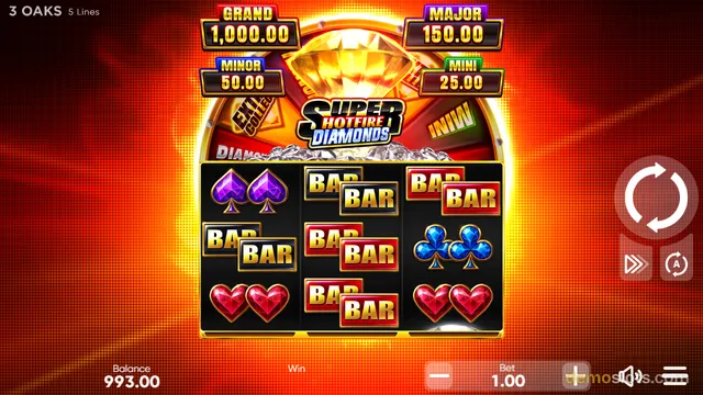 A slot game screen for Super Hotfire Diamonds showing a 3x3 grid of symbols including BAR icons and playing card suits against a fiery red background.