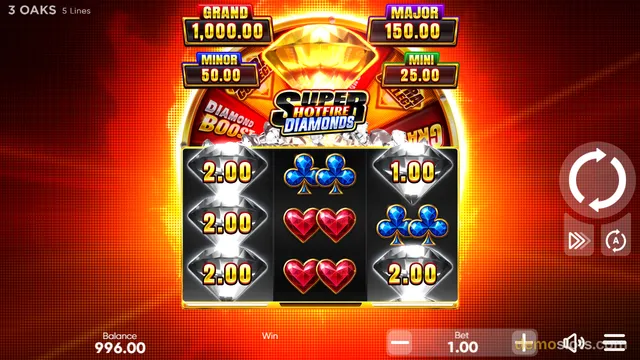 A slot machine game screen showing the title 'Super Hotfire Diamonds' with a 3x3 reel grid displaying diamond and playing card symbols, set against a fiery red background.