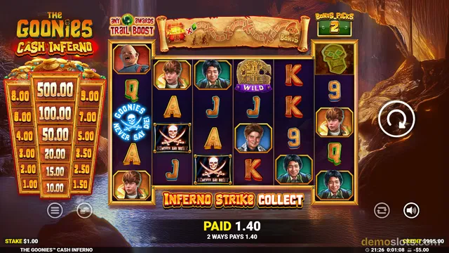 A bright, fully rendered slot game grid showing The Goonies Cash Inferno with a settled payout of 1.40.