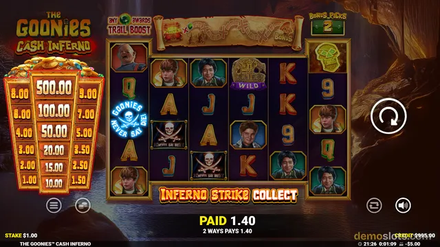 A slot game screen titled The Goonies Cash Inferno shows a five-reel grid with characters and symbols, a trail boost meter at top, and a payout of 1.40.