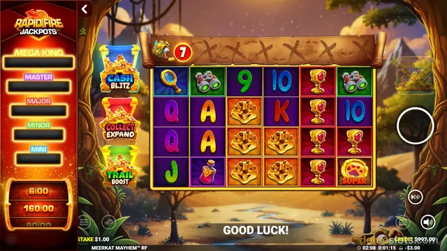 A settled 6-reel slot game grid with jungle-themed symbols and a jackpot ladder on the left, showing a Good Luck message at the bottom.