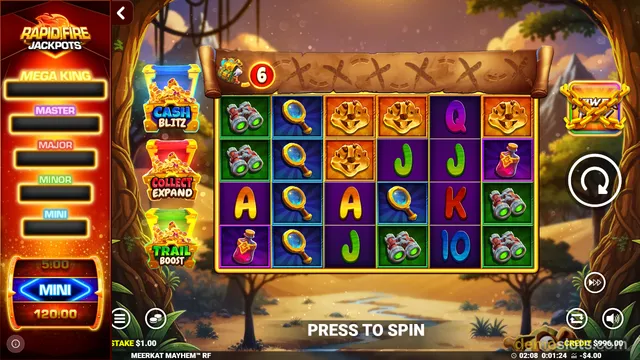 A slot game titled MEERKAT MAYHEM RF shows a 4-row by 6-column grid of symbols, with a PRESS TO SPIN button at the bottom and jackpot labels on the left.