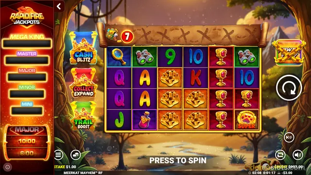 A slot game titled Meerkat Mayhem RF shows a 5x4 grid of symbols with a meerkat character above the reels, jackpot labels on the left, and a press-to-spin prompt at the bottom.
