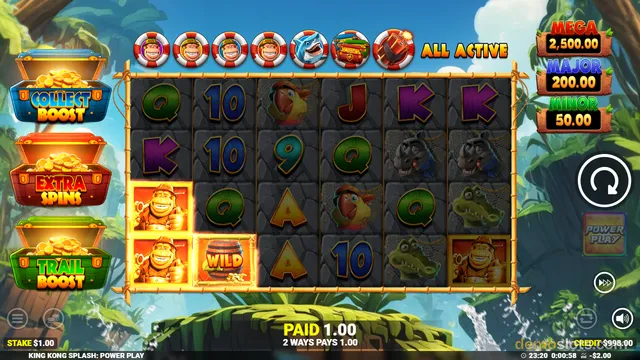 A screenshot of the King Kong Splash slot game showing a 6x4 grid of symbols with a jungle background, active feature icons above the reels, and a paid win of 1.00 displayed at the bottom.