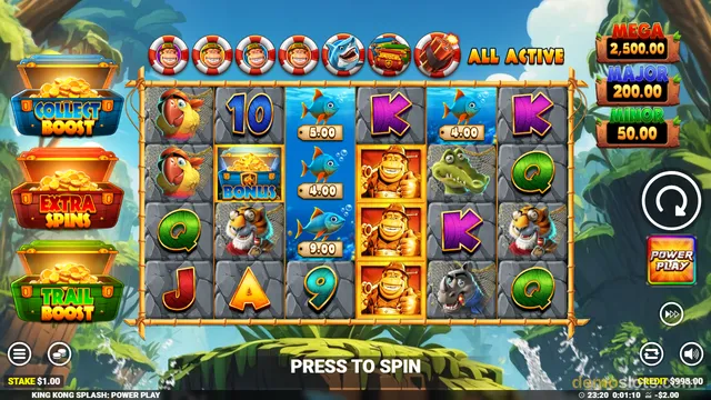 A brightly rendered 6x4 slot game grid displays jungle-themed symbols including parrots, tigers, and treasure chests against a tropical background.