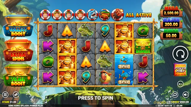 A colorful slot machine game screen featuring a jungle theme with a 5x4 grid of symbols including a cartoon man, a crocodile, and playing cards.