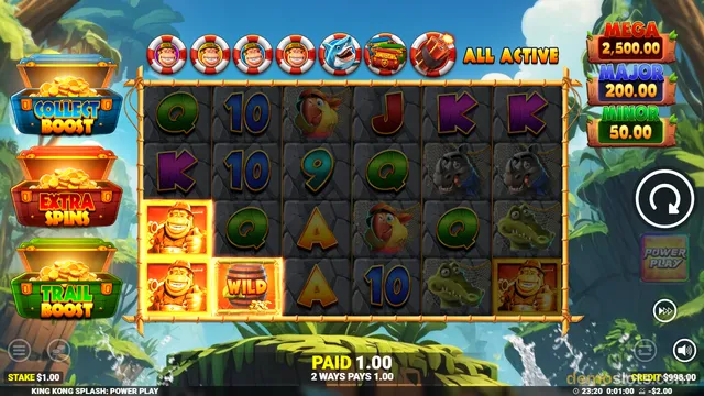 A fully rendered 6x4 slot game grid displaying a win, with jungle-themed symbols and side panels for features and payouts.