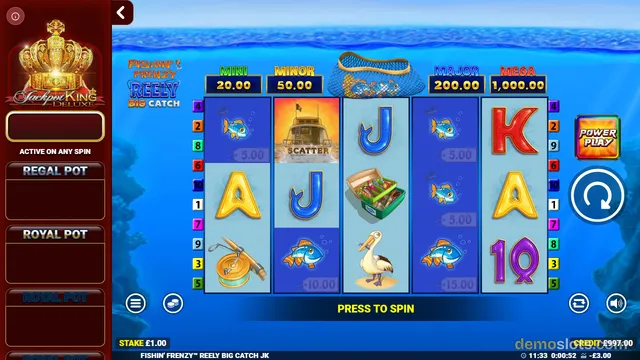 A slot game grid with five reels showing fishing-themed symbols including fish, a fishing boat scatter, letters, a tackle box, a fishing rod, and a pelican.