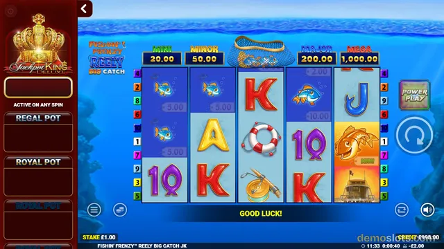 A 5-reel slot game showing underwater symbols including fish, letters, a lifebuoy, a fishing rod, a boat, and a fishing net, with jackpot values displayed at the top.