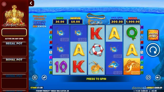 A 5-reel, 10-line slot game titled Fishin' Frenzy Reely Big Catch shows an underwater reel grid with fish, letters, and a lifebuoy, plus jackpot pots on the left and a press-to-spin button at the bottom center.