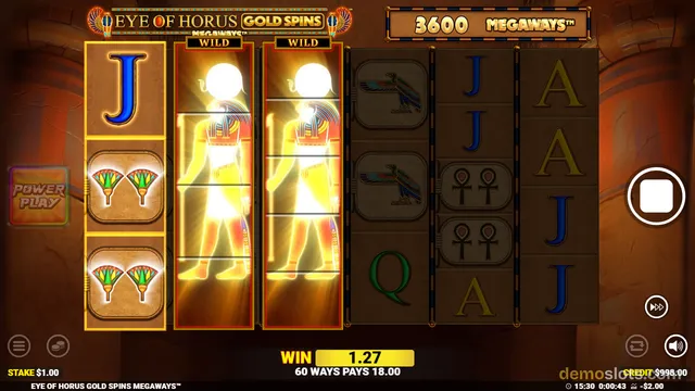 Eye of Horus Gold Spins Megaways slot game showing a win of 1.27 with 60 ways pays 18.00