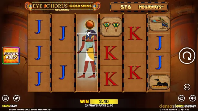 A slot game screen showing a 6-reel grid with Egyptian-themed symbols, a win of 2.40, and a 576 Megaways indicator.