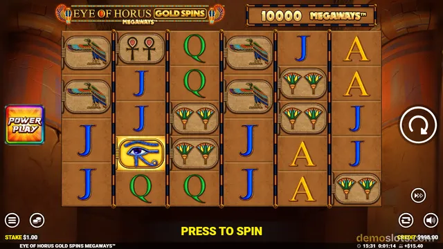 Eye of Horus Gold Spins Megaways slot game showing a 6-reel grid with Egyptian-themed symbols and a 'PRESS TO SPIN' message