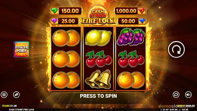 Slot game titled Cash Strike Fire Lock showing three vertical reels filled with fruit symbols, with prize values displayed above the grid and a 'PRESS TO SPIN' prompt below it.