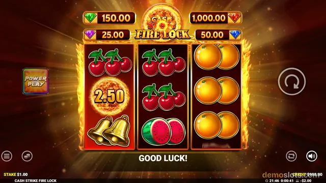 A three-reel slot game titled Cash Strike Fire Lock displays a fully rendered grid with fruit symbols, a fire-themed background, and a Power Play button on the left.