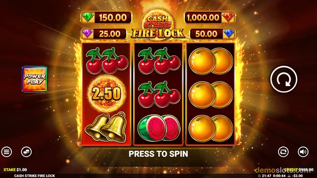 A 3x3 slot game titled CASH STRIKE FIRE LOCK shows a settled reel grid with cherries, oranges, watermelon, and bells, with a central 2.50 win value and a PRESS TO SPIN prompt.