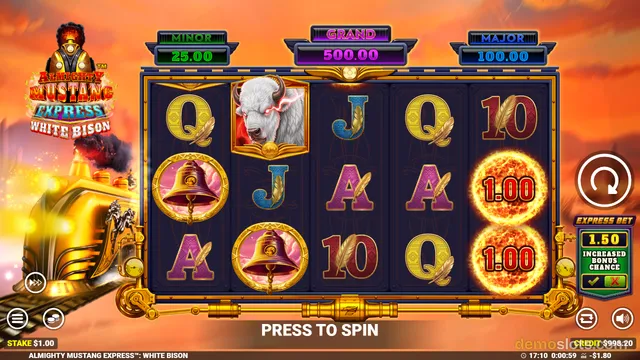 A 5-reel, 3-row slot game titled 'Almighty Mustang Express: White Bison' displays a settled grid of symbols against a golden train background.
