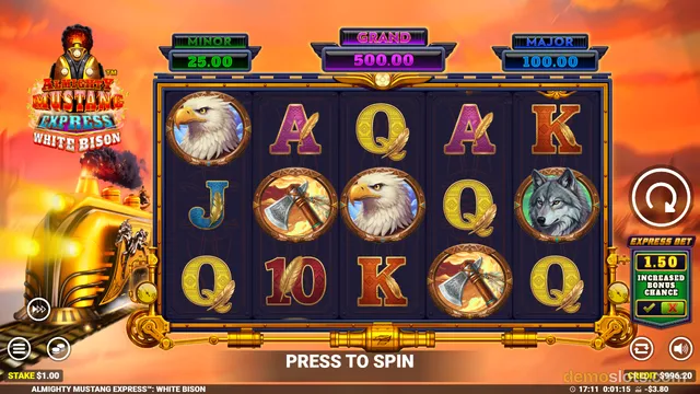 A slot game screen displaying a 5x3 grid of symbols including eagles, wolves, and axes against a sunset background featuring a golden train.