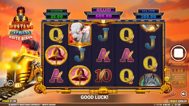 A 5x3 slot machine screen titled 'Almighty Mustang Express: White Bison' displays a settled grid of symbols including a white bison, a bell, a wolf, and playing cards against a fiery sunset background.