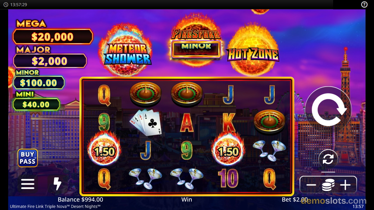 A slot game screen showing a 5x4 reel grid with various symbols set against a purple sky and a Las Vegas cityscape background.