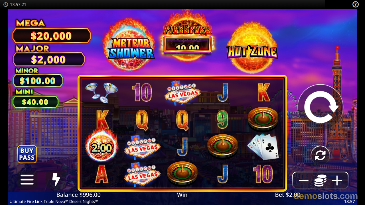 A slot game titled Ultimate Fire Link Triple Nova Desert Nights shows a 5x4 grid of symbols including a flaming 2.00 multiplier, cocktails, and card letters.