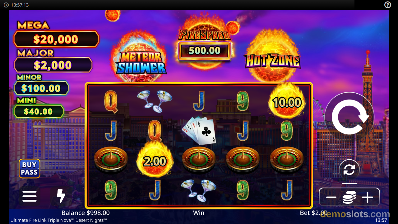 A slot game grid showing symbols like Q, J, 9, martini glasses, and playing cards, with a fire-themed background and jackpot values on the left.