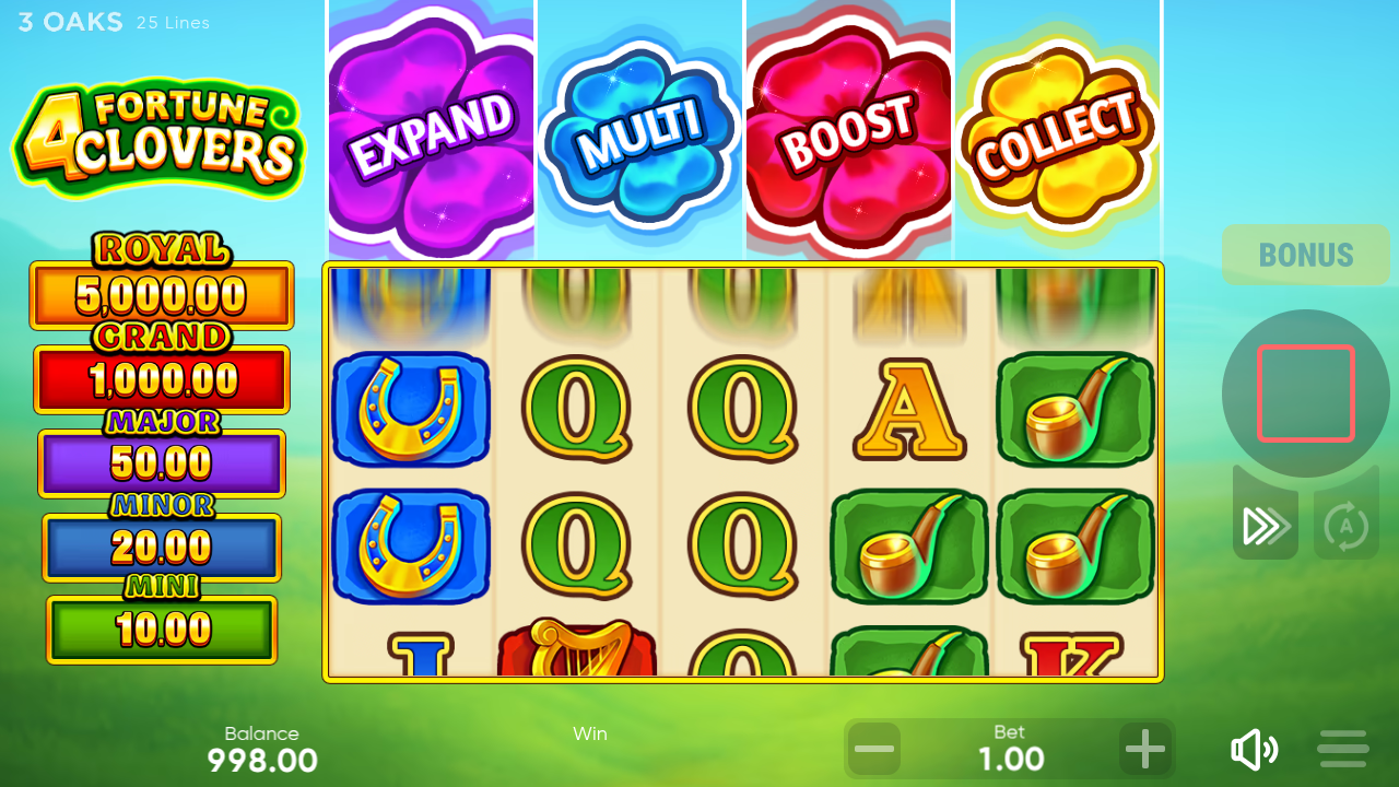 A 5x3 slot game grid titled 4 Fortune Clovers shows a partially blurred top row and fully rendered lower rows, with four colorful clover bonus symbols displayed above the reels.