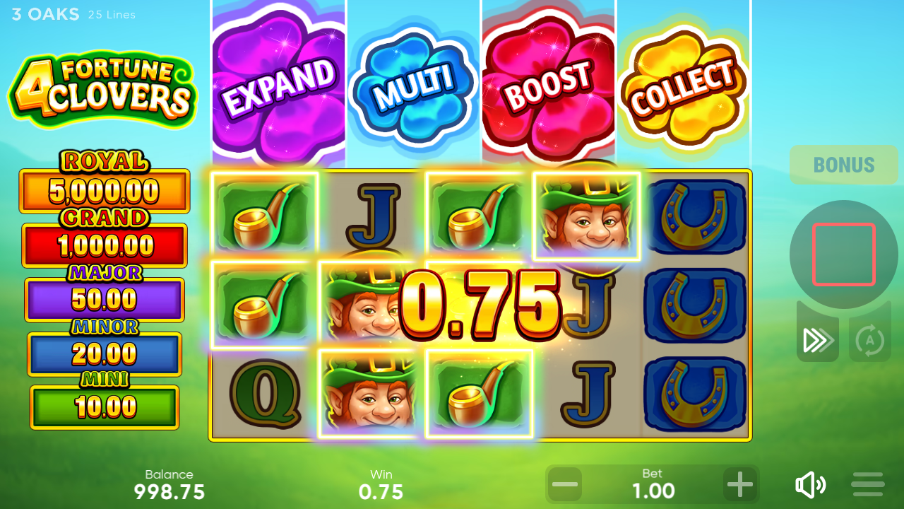 Slot game '4 Fortune Clovers' showing a 3x5 grid with a winning line of smoking pipes and leprechauns, and a 0.75 win display over the reels.