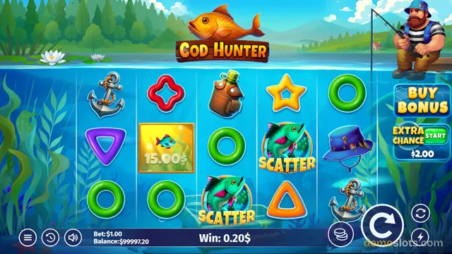 A fully rendered fishing-themed slot game screen showing a 5x3 grid of symbols with a fish logo and a fisherman character above the reels.