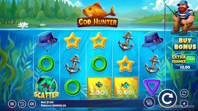 A 5-reel, 3-row slot game titled Cod Hunter displays a settled grid of symbols including a purple hat, yellow star, anchor, green ring, and a fish scatter, with a win of 12.00 dollars shown in the bottom center.